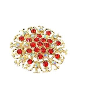 Gold-Tone Red Crystal Floral Brooch - Women Jewelry